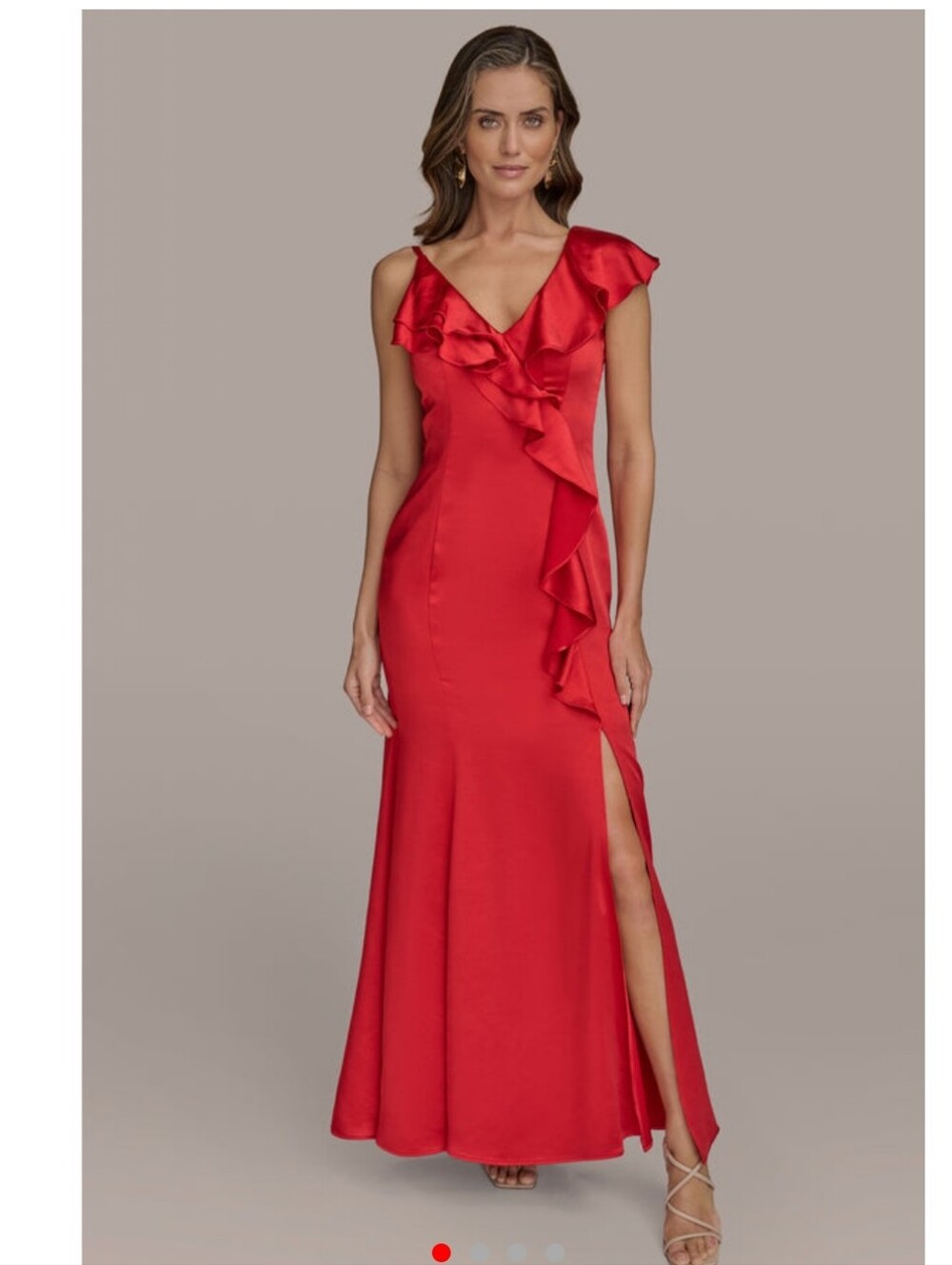 Donna Karan NWT $299 Size 6 Red Satin Ruffle One Shoulder Maxi Dress Luxury